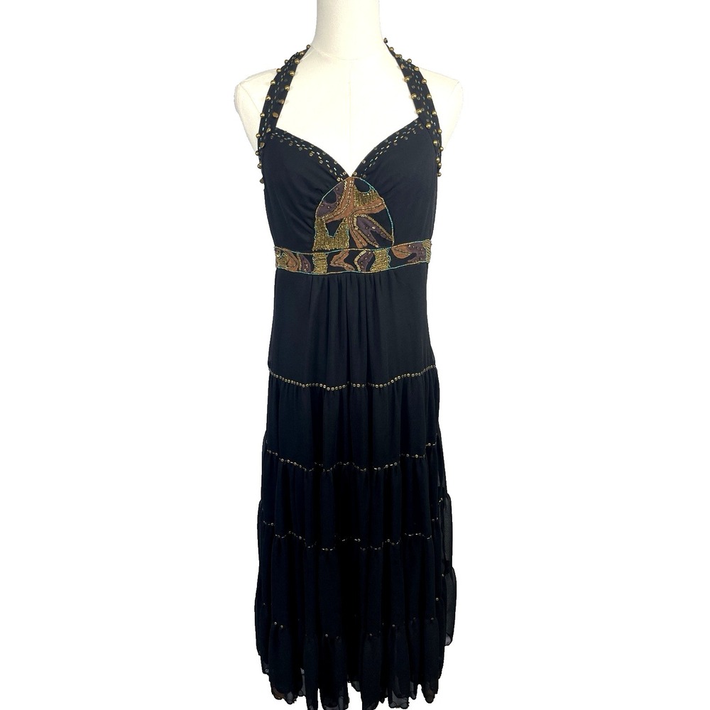 Vintage 90s Y2K Marciano Fairy Whimsigoth Beaded Dress Size S Black Chiffon Boho